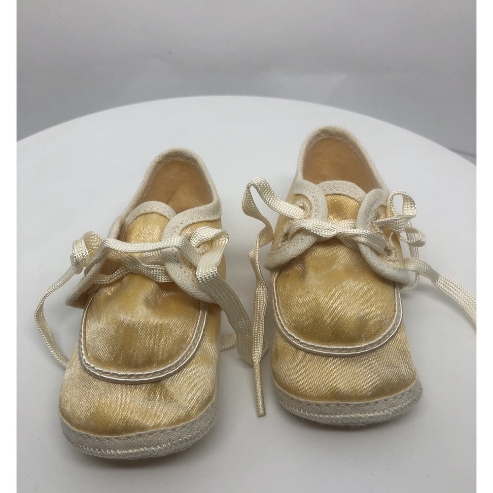 Vintage Christening Shoes Satin Feel Laces Infant Baptism Shoes 3.5" Long Yellow